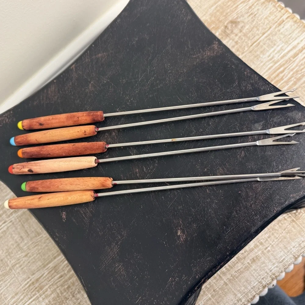 Set of 6 Color-Coded Fondue Forks with Wooden Handles
